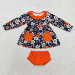 Floral Orange Doll Collar Pockets Navy Girls Bummies Sets