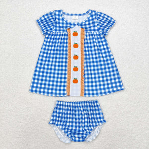 Pumpkin Plaid Blue Girls Bummies Sets