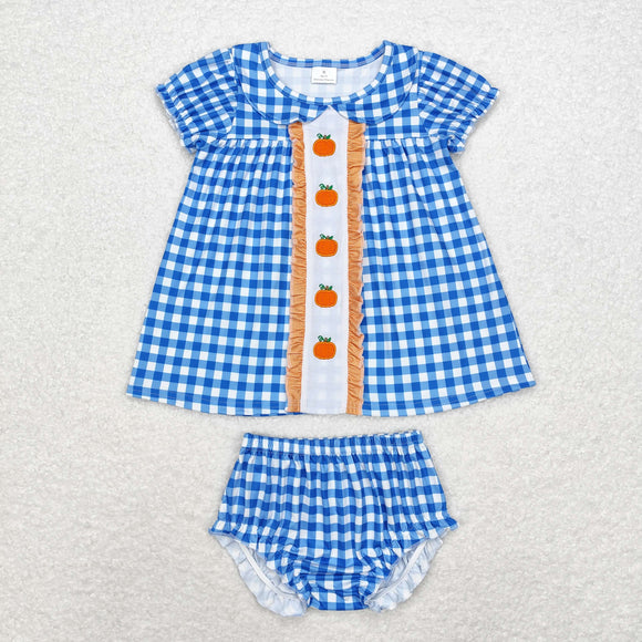 Pumpkin Plaid Blue Girls Bummies Sets