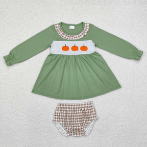 Pumpkin Plaid Ruffles Green Girls Bummies Sets