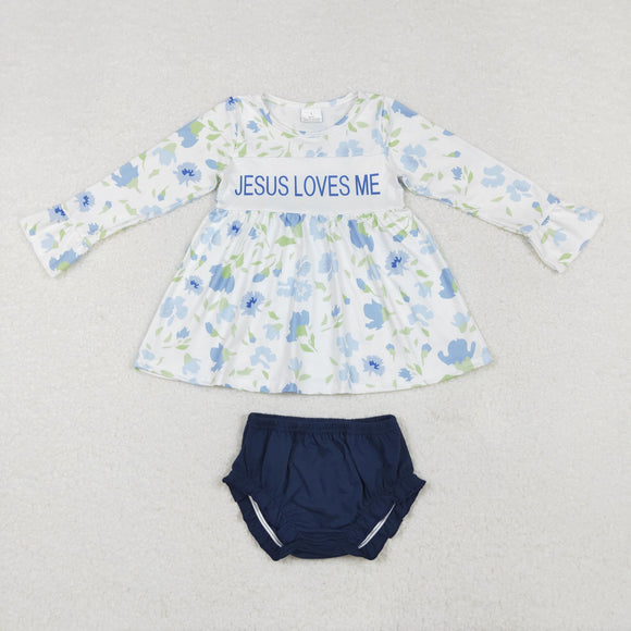 Jesus Loves Me Floral Blue Girls Christmas Bummies Sets