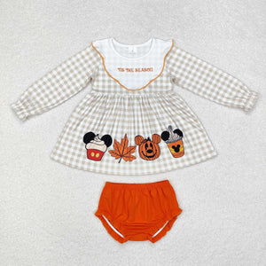 Tis the Season Cartoon Pumpkin Plaid Orange Girls Halloween Bummies Sets