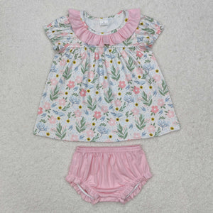 Floral Pink Ruffles White Girls Bummies Sets