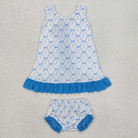 Floral Bow Pattern Blue Ruffles Girls Bummies Sets