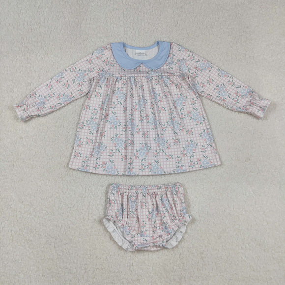 Floral Pink Plaid Blue Collar Girls Bummies Sets
