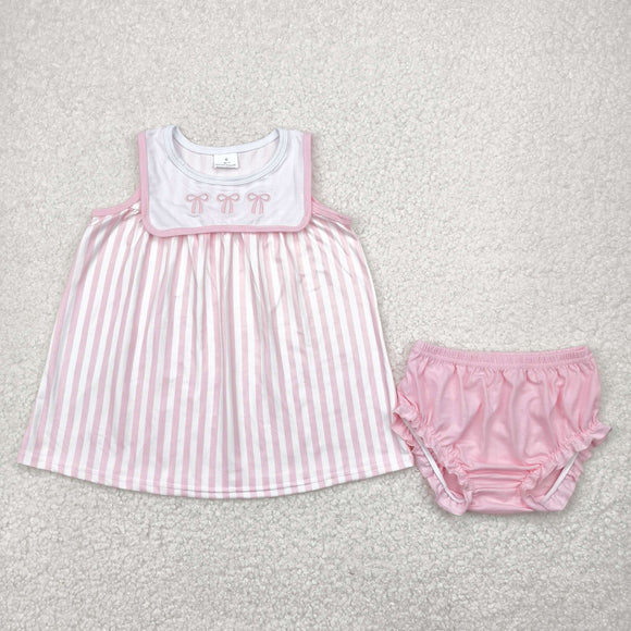 Bow Embroidery Pink Stripe Girls Bummies Sets