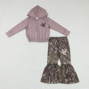 Jungle Hunting Camo Duck Brown Hoodie Crop Top Girls Long Sleeve+Trousers Sets