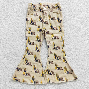 Cactus Rodeo Print Beige Flared Girls Jeans Pants