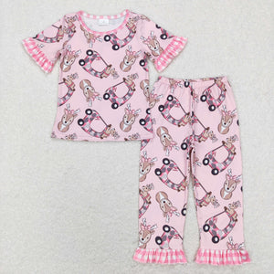 Deer Camo Car Plaid Pink Girls Short Sleeve Pajamas