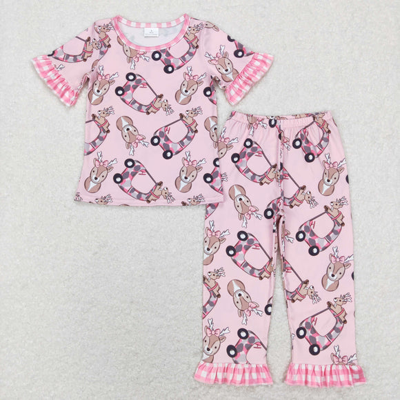 Deer Camo Car Plaid Pink Girls Short Sleeve Pajamas