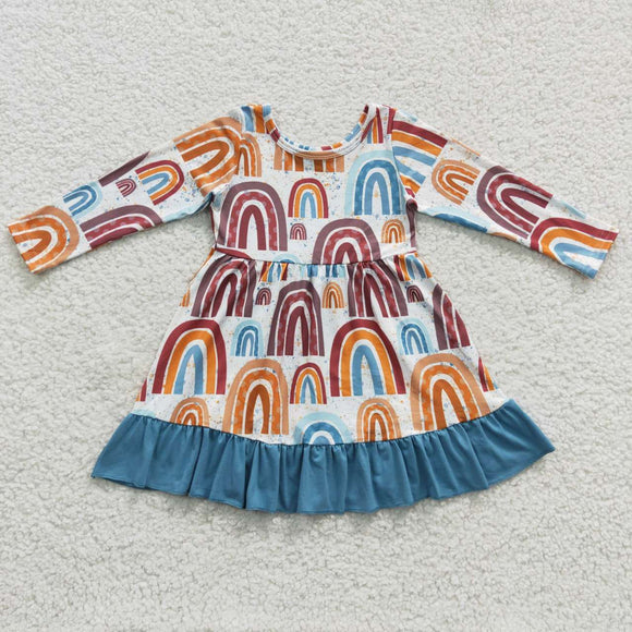 Promotional Rainbow Blue Ruffles Girls Long Sleeve Dress