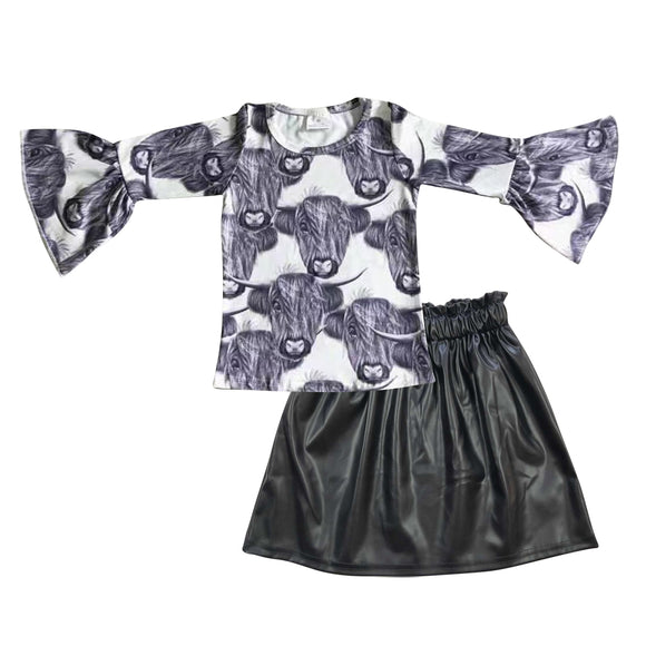 Highland Cow Black Leather Girls Skirt Sets