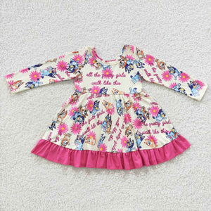 Cartoon Dogs Hot Pink Ruffles Girls Long Sleeve Dress