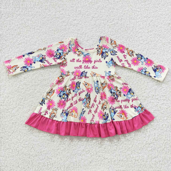 Cartoon Dogs Hot Pink Ruffles Girls Long Sleeve Dress