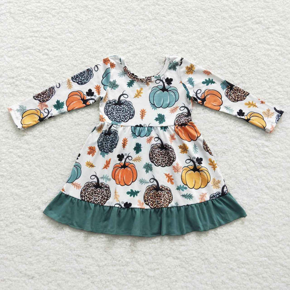 Pumpkin Leaves Ruffles Girls Long Sleeve Dress