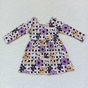 Cartoon Candy Pumpkin Plaid Girls Halloween Dress