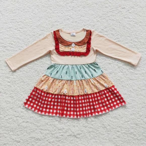 Floral Beige Red Plaid Girls Christmas Dress