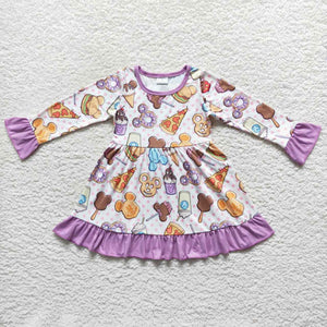 Cartoon Snack Purple Ruffles Girls Long Sleeve Dress