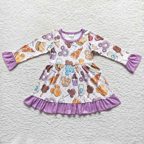 Cartoon Snack Purple Ruffles Girls Long Sleeve Dress