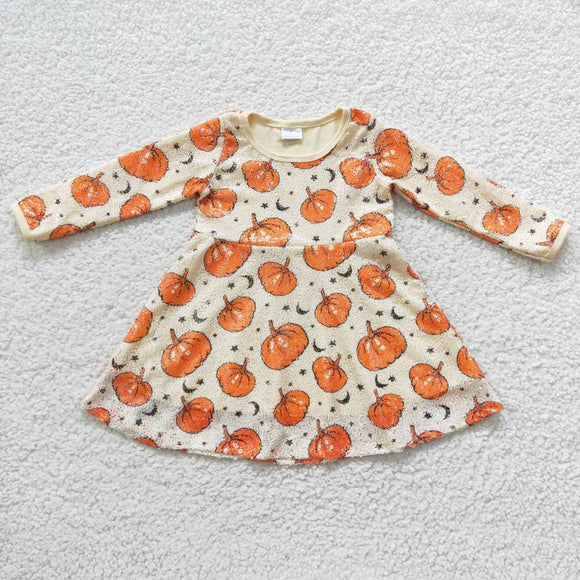 Pumpkin Sequins Beige Girls Long Sleeve Dress