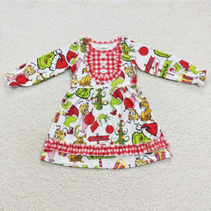 Cartoon Red Plaid Ruffles Girls Christmas Dress