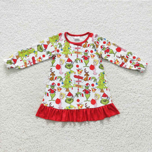 Cartoon Red Ruffles White Girls Christmas Dress