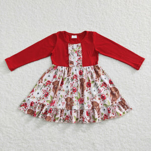 Cow Floral Red Girls Christmas Dress