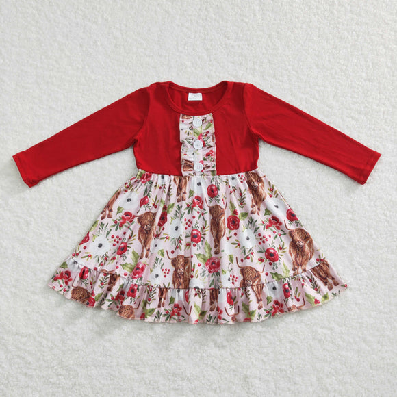 Cow Floral Red Girls Christmas Dress