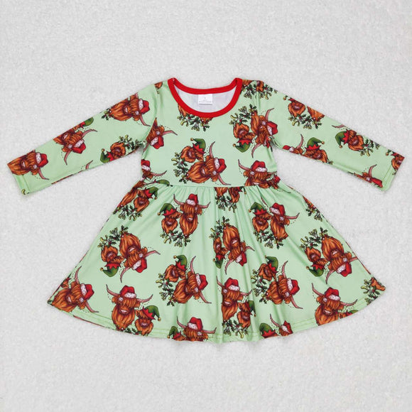 Highland Cow Green Red Girls Christmas Dress