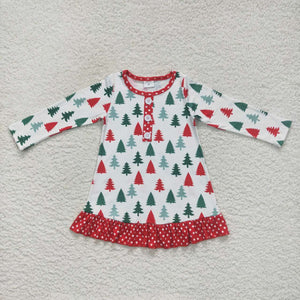 Tree White Polka Dots Red Girls Christmas Dress