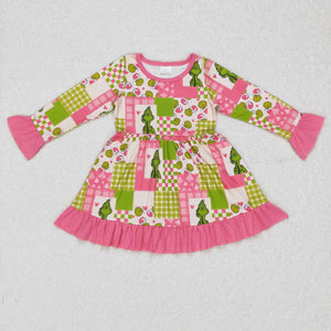 Cartoon Plaid Pink Green Girls Christmas Dress