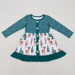 Reindeer Trees Polka Dots Green Girls Christmas Dress