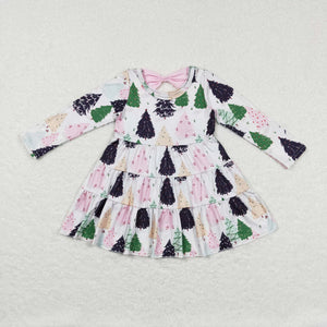 Trees Pink Bow White Girls Christmas Dress