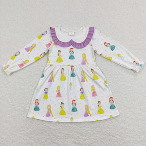 Cartoon Princess Purple Ruffles Girls Long Sleeve Dress