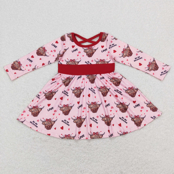 Highland Cow Red Ruffles Pink Girls Valentines Dress