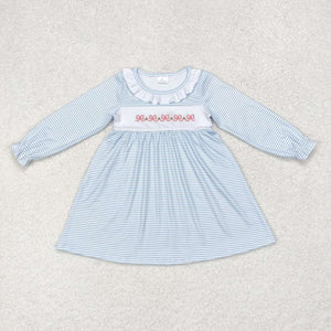 Bow Embroidery Blue Stripe Girls Christmas Dress