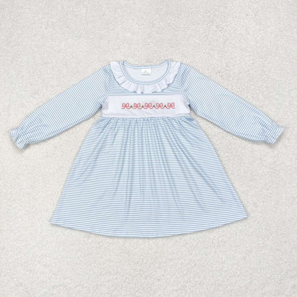 Bow Embroidery Blue Stripe Girls Christmas Dress