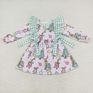 Cartoon Green Plaid Bows Pink Girls Christmas Dress