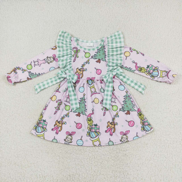 Cartoon Green Plaid Bows Pink Girls Christmas Dress