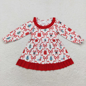 Gift Bow Pattern Red Ruffles Girls Christmas Dress