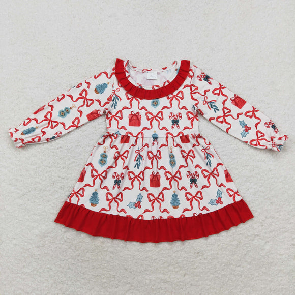 Gift Bow Pattern Red Ruffles Girls Christmas Dress