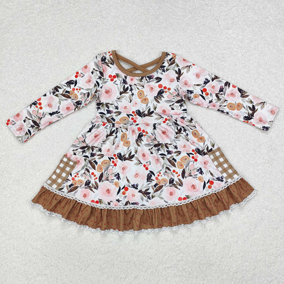 Floral Plaid Pockets Lace Ruffles Girls Christmas Dress