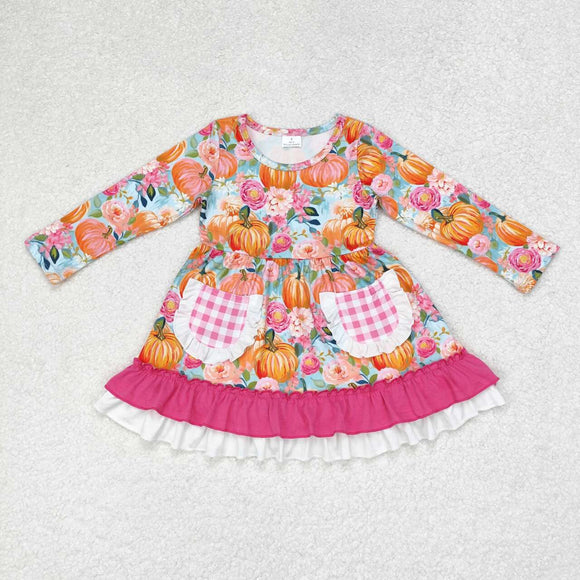 Pumpkin Floral Pockets Blue Girls Long Sleeve Dress