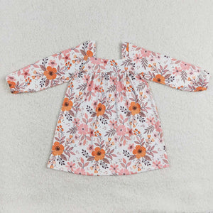 Floral Leaves White Girls Long Sleeve Dress