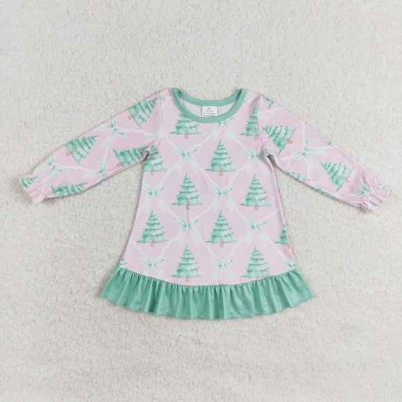 Tree Bow Pattern Green Ruffles Pink Girls Christmas Dress