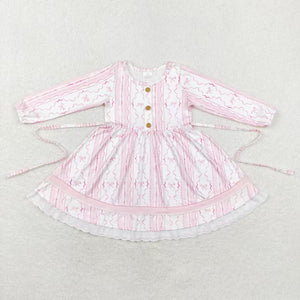 Bow Pattern Lace Ruffles Belt Pink Girls Christmas Dress