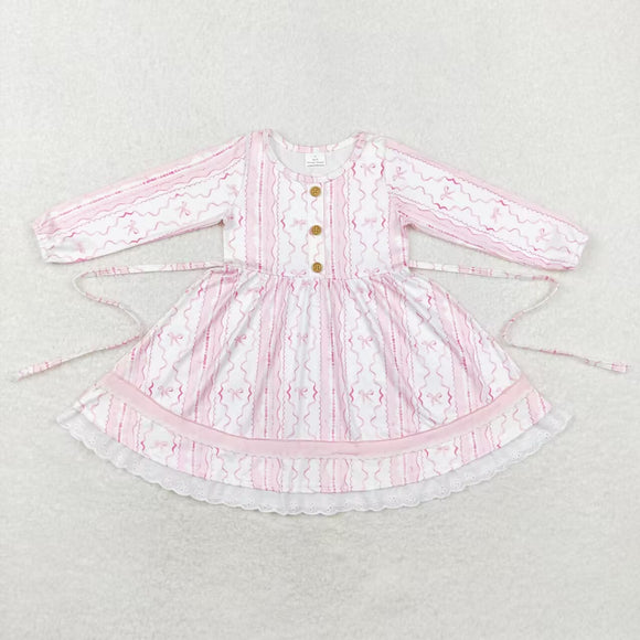 Bow Pattern Lace Ruffles Belt Pink Girls Christmas Dress