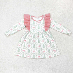 Tree Bow Pattern Pink Ruffles Girls Christmas Dress