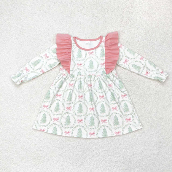 Tree Bow Pattern Pink Ruffles Girls Christmas Dress