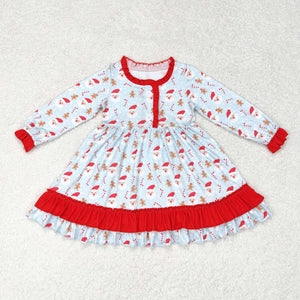 Sants Cane Gingerbread Red Ruffles Blue Girls Christmas Dress